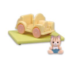 Sylvanian Families Decorative Baby House and Garden Gacha Series featuring a toy car and toy cat, typical of Strangecat Toys' unique blind box offerings.