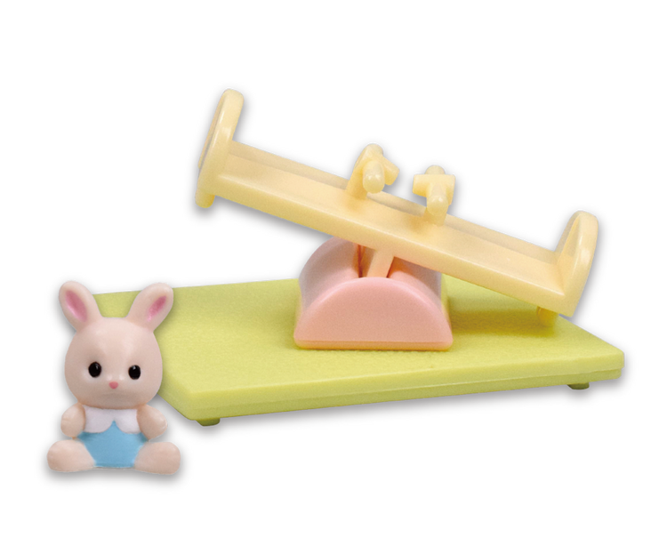 Sylvanian Families Decorative Baby House and Garden Gacha Series featuring a toy bunny and another toy, epitomizing Strangecat Toys' artful, collectible charm.