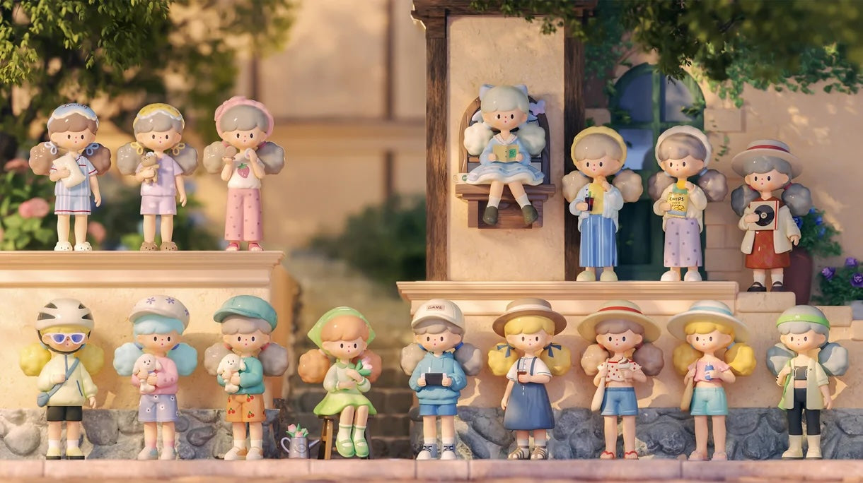 Molinta Minor Holiday Series Blind Box set featuring six cartoon figurines, including a girl reading, a boy with a device, and various other unique dolls.