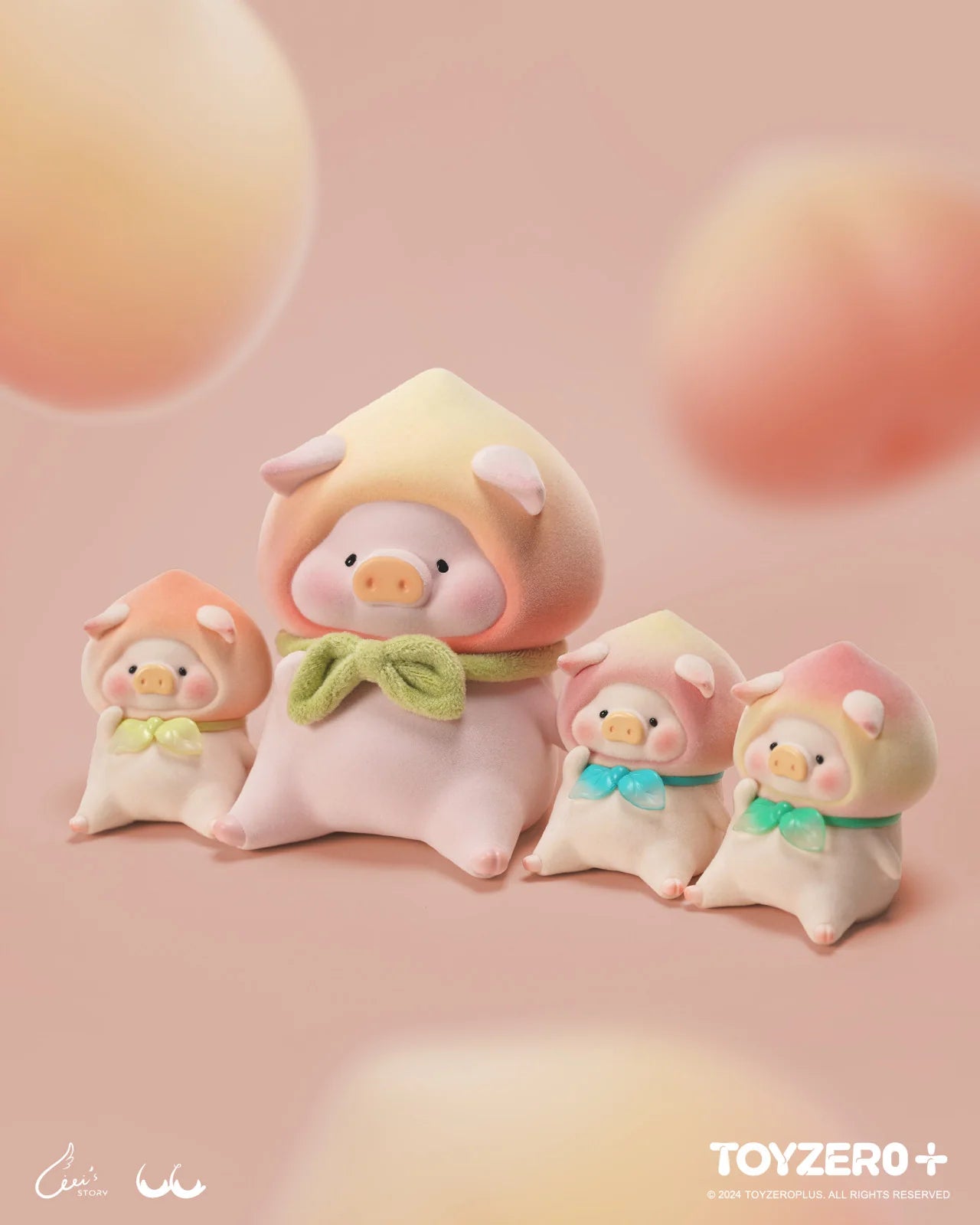 Alt text: Preorder LuLu The Piggy - XL SWEET PEACH toy, 11.5cm tall, grouped with other pig dolls. Limited quantity, ships Aug 2024.