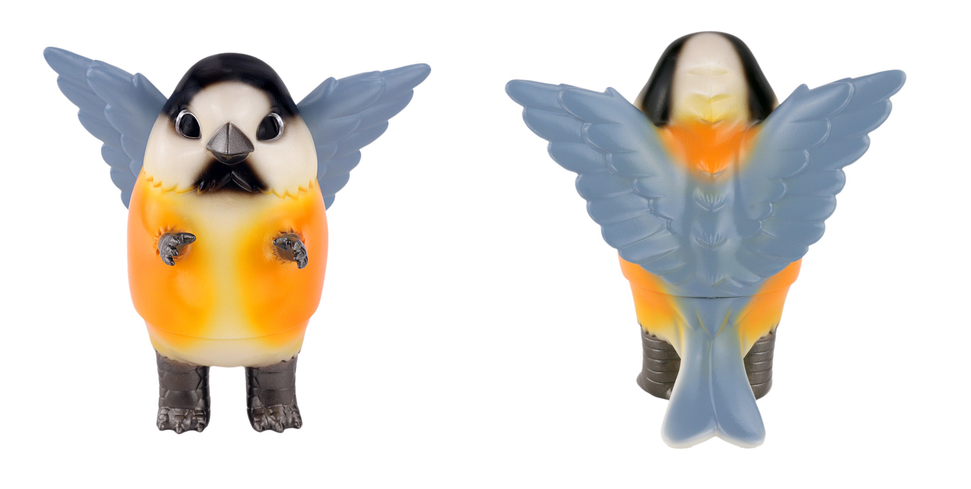 Close-up of Pigora Varied Tit by Konatsu, a 10cm sofubi bird figurine with detailed wings and feet, available exclusively at Strangecat Toys. Limit 1 per person.