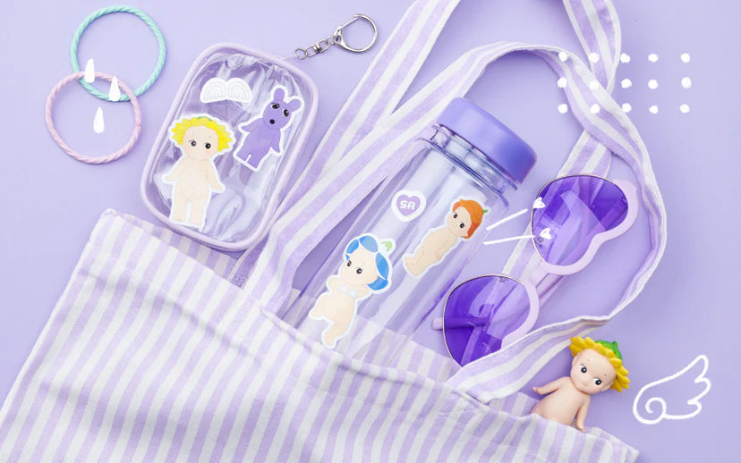 Sonny Angel Sticker Pack - Vol. 2 with cartoon-themed water bottle, heart-shaped sunglasses, and toy doll, ideal for customizing everyday items.