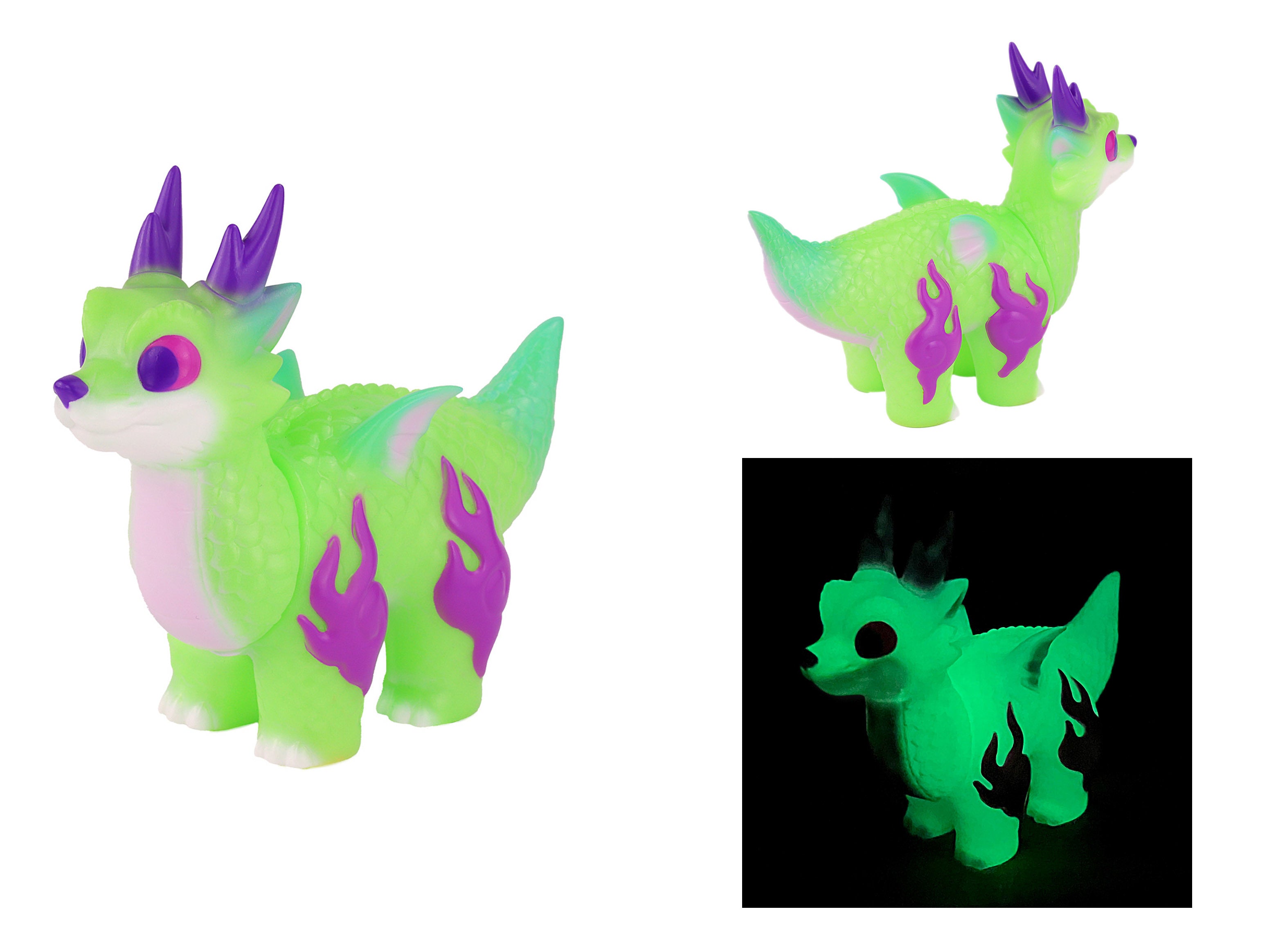 Ryudora Shine Dragon by Konatsu: A 3.8cm high, 4.4cm long green and purple dinosaur toy, limited to 1 per person.