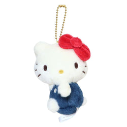 Hello Kitty 70's Series Plush Keychain, a stuffed cat with a red bow, features a ball chain for easy attachment to bags or backpacks.