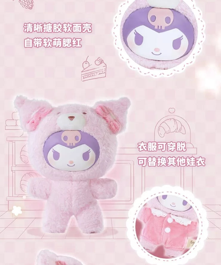 Kuromi Peach Baby Plush Keychain Blind Box featuring a pink stuffed animal with a cartoon character face, ideal for collectors of art toys.