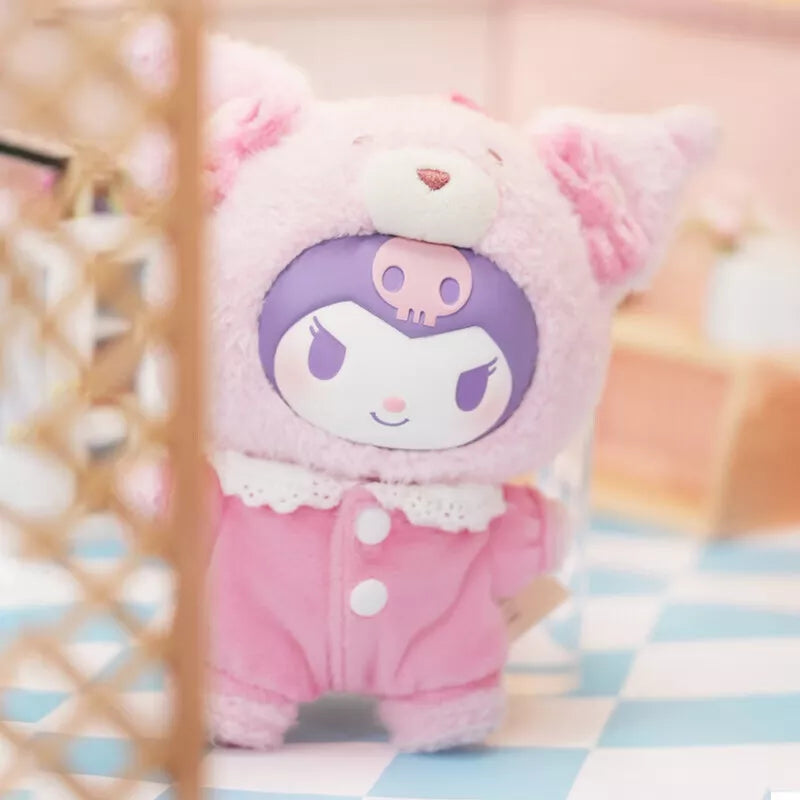 Kuromi Peach Baby Plush Keychain in a pink suit, part of a blind box collection, ideal for toy enthusiasts and collectors.