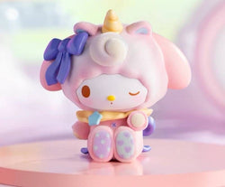 A Sanrio Characters - Fantasy Paradise blind box toy featuring a unicorn-headed animal on a table. Collect all 8 regular designs in this series.