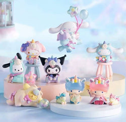 A blind box set of Sanrio Characters - Fantasy Paradise featuring 8 regular designs. Toy figurines on display, including a unicorn, doll, and more. Available at Strangecat Toys.