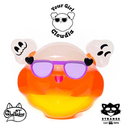 Cloudia - Candy Corn By Ghost Fox Toys, a toy with sunglasses, a cartoon character, and a black heart-shaped object.