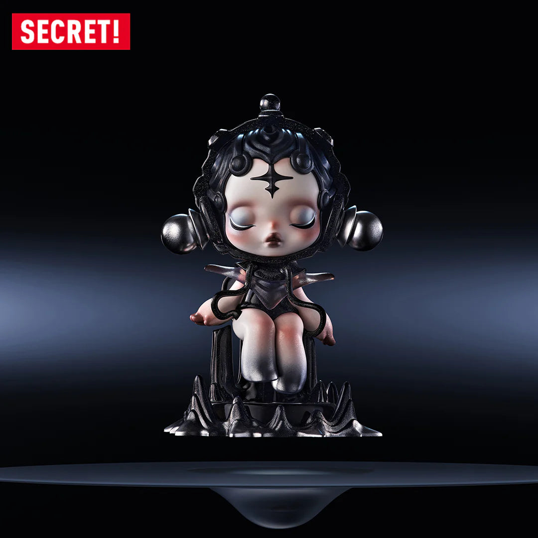Alt text: SKULLPANDA The Sound Blind Box Series statue of a girl sitting on a chair, part of a 12-design collectible set.