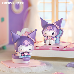 Kuromi Home Dressing up Series Mini Box Pro toy figurines on a bed, showcasing a cartoon character from a collection of 8 designs and 2 secret options.