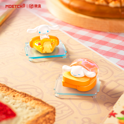 Cinnamoroll Fast Food Series Mini Blind Box featuring small toy figures displayed on a table with snack-themed designs.