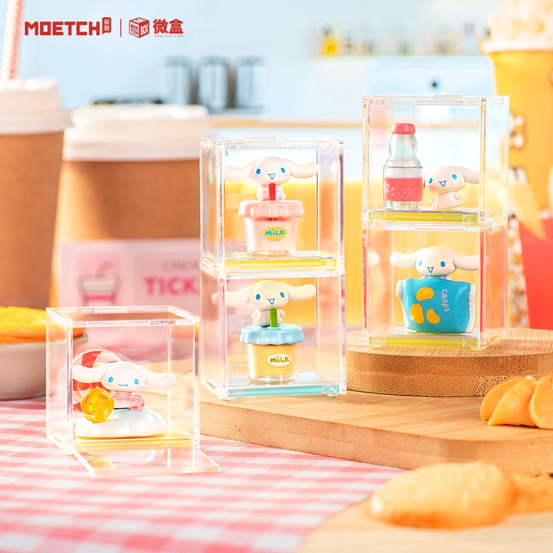 Cinnamoroll Fast Food Series Mini Blind Box Micro featuring various plastic toys, including a small figurine and toy animal on a cup.