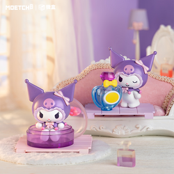 Kuromi Home Dressing up Series Mini Box Pro featuring toy figurines of cartoon characters on a bed, part of a blind box collection.