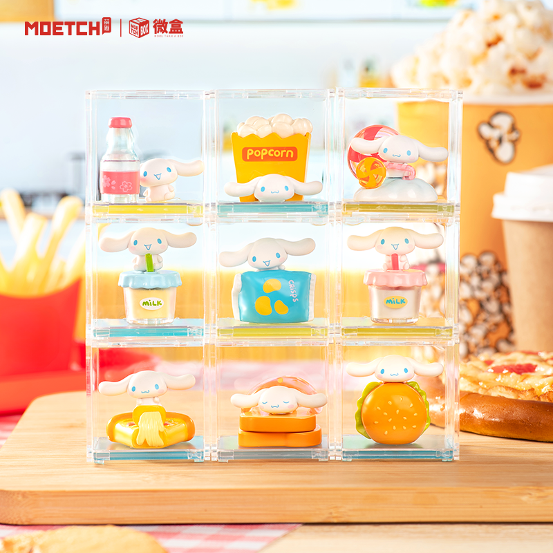 Cinnamoroll Fast Food Series Mini Blind Box Micro featuring a toy burger with a small white rabbit on top, showcased on a shelf.