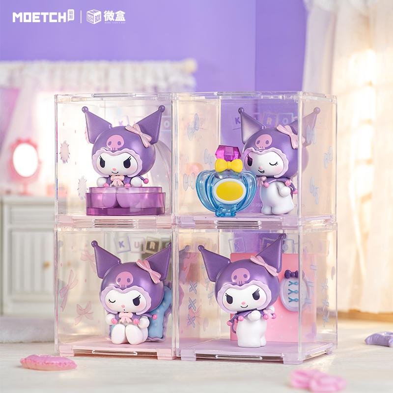 Kuromi Home Dressing up Series Mini Box Pro featuring purple and white toy figurines, including a cat and cartoon character, in a transparent case.