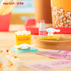 Cinnamoroll Fast Food Series Mini Blind Box Micro featuring a white toy bunny with blue eyes and various miniatures on a table.