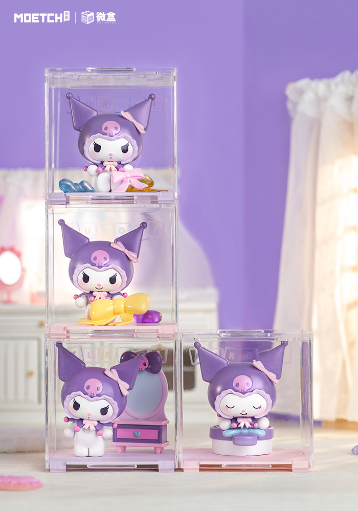 Kuromi Home Dressing up Series Mini Box Pro, featuring a group of cartoon character toy figurines in a plastic case, part of a collectible series.