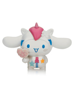 tokidoki X Cinnamoroll Sweet Treats Blind Box features a white plush toy with pink heart and ears, embodying winter adventures with Hello Kitty and friends.