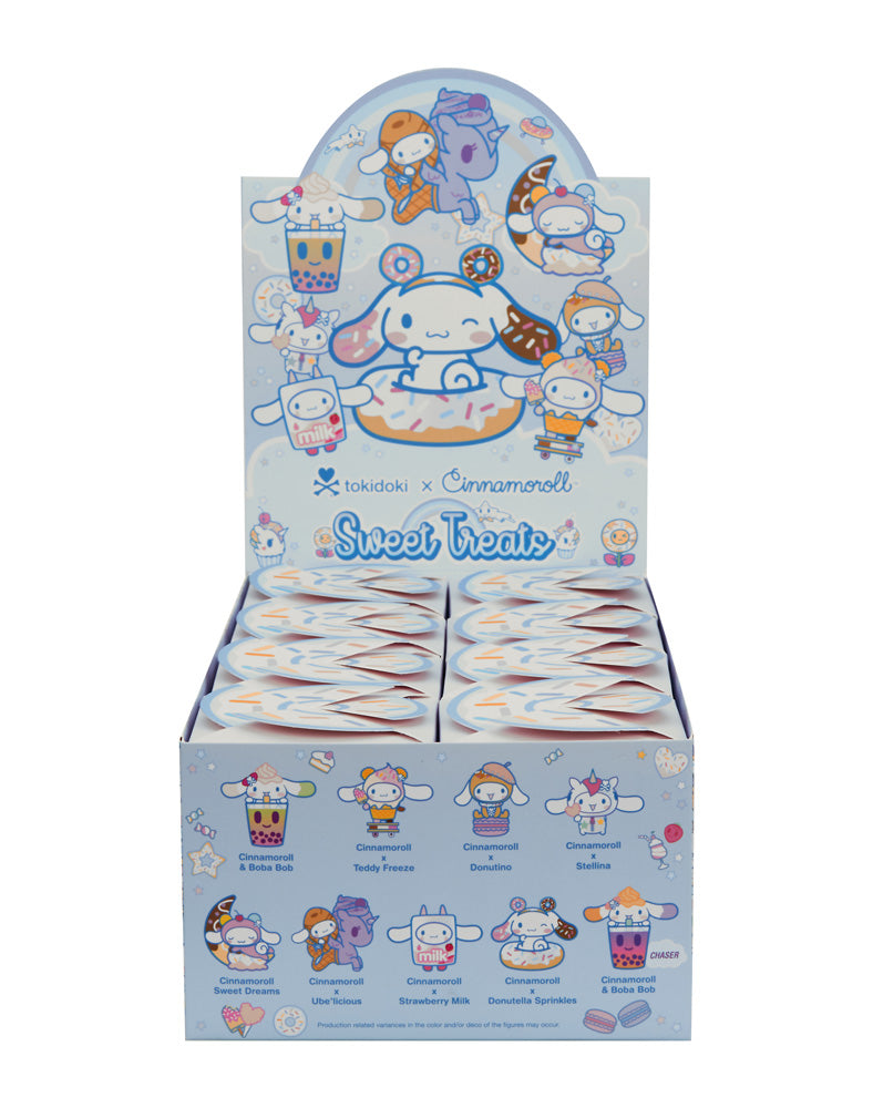 Tokidoki x Cinnamoroll Sweet Treats Blind Box featuring cartoon characters, each sealed in a foil bag, ready for a whimsical winter adventure.