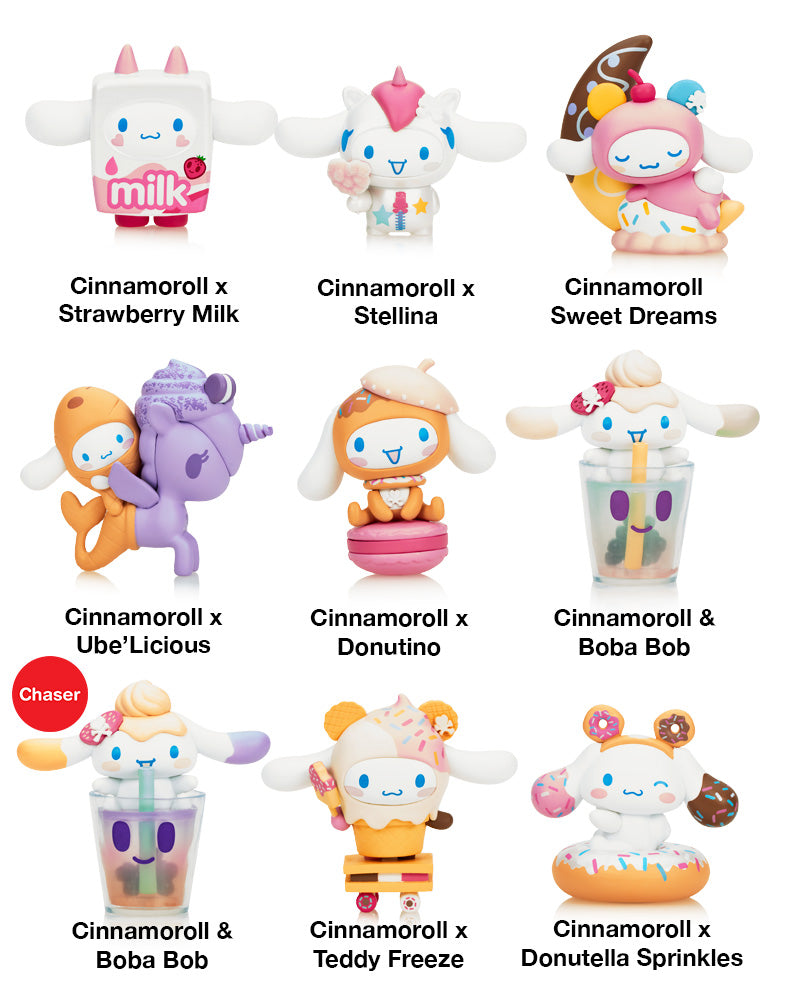 tokidoki X Cinnamoroll Sweet Treats Blind Box featuring cartoon toy figures, including Hello Kitty and friends, in playful winter-themed scenarios.