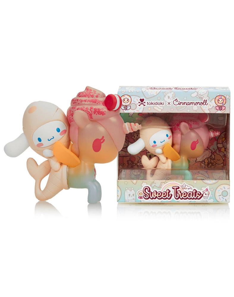 Tokidoki X Cinnamoroll Sweet Treats figurine in a box, showcasing a special edition Cinnamoroll X Mango'licious toy, ideal for collectors at Strangecat Toys.