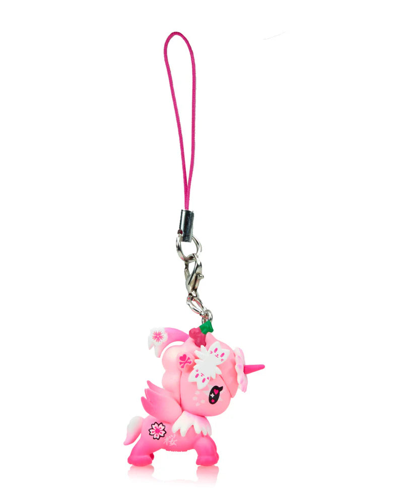 Cherry Blossom Unicorno Frenzies keychain featuring a pink unicorn with a detachable pink strap, part of a blind box series from Strangecat Toys.