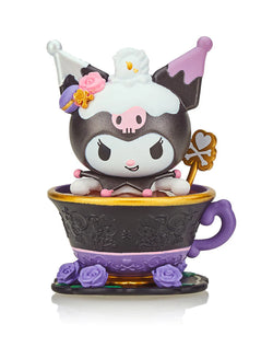 A toy figurine of a cat in a tea cup from the tokidoki x Kuromi & My Melody Garden Party Blind Box Series.