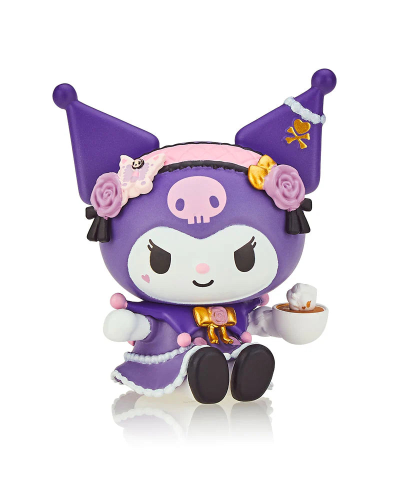 tokidoki x Kuromi & My Melody Garden Party Blind Box featuring a cartoon character figurine with a skull and hat holding a cup of coffee.