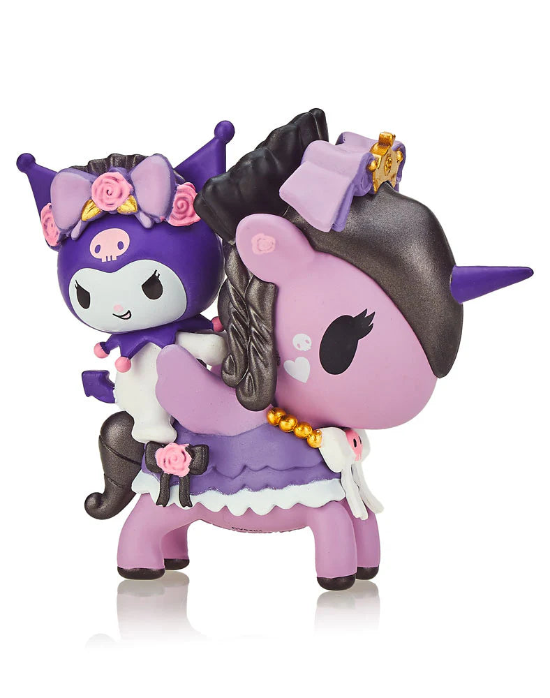 Alt text: tokidoki x Kuromi & My Melody Garden Party Blind Box featuring a purple and black unicorn figurine. Each box includes one character in a sealed silver foil bag.