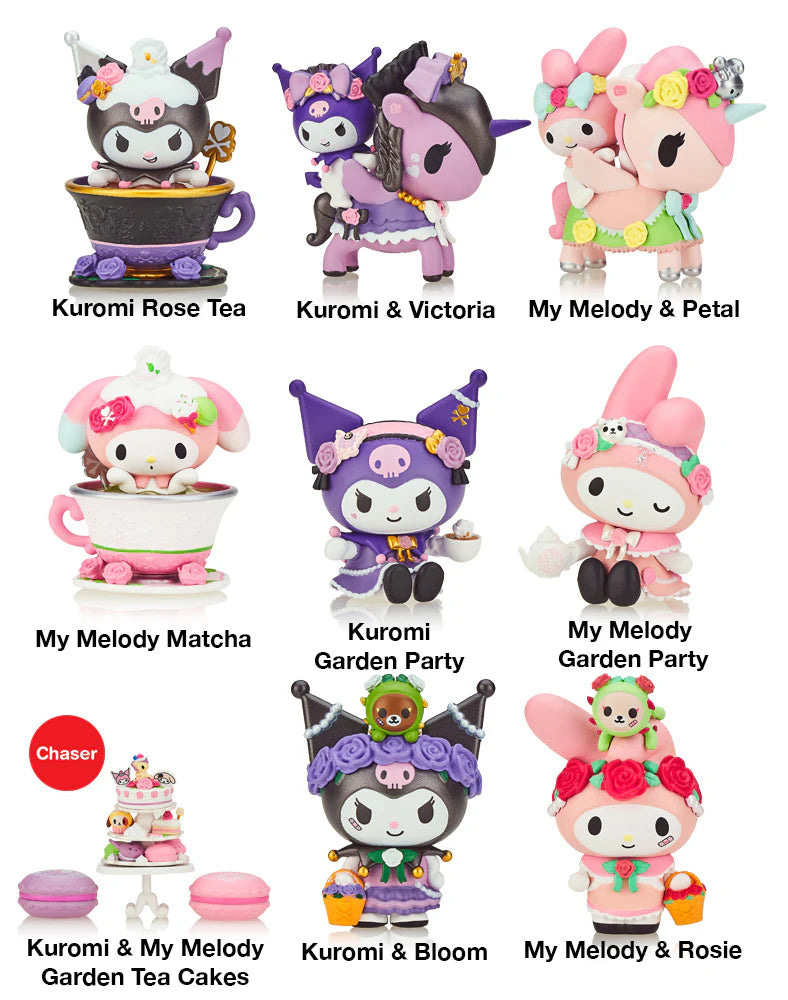 Image of the tokidoki x Kuromi & My Melody Garden Party Blind Box Series featuring various cartoon characters, including Kuromi and My Melody, in a whimsical garden tea party setting.