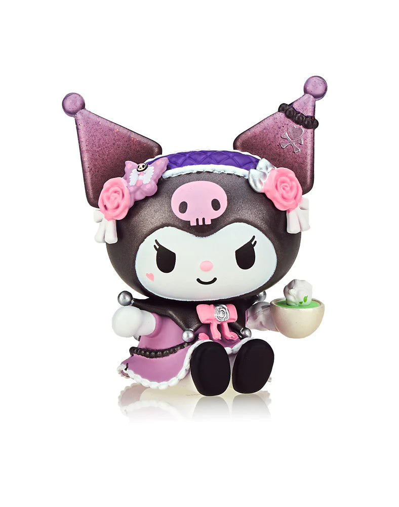 Tokidoki x Kuromi & My Melody Garden Party 2-pack, featuring two cat figurines in elaborate outfits, part of a six-piece tea party scene.