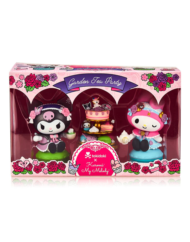 Alt text: Special edition tokidoki x Kuromi & My Melody Garden Tea Party 2-pack figurines in a box, featuring six pieces for a tea party scene.