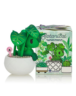 A Botanical Unicorno Blind Box Series featuring plant-themed characters sealed in silver foil bags. Each figure stands at 2.75 inches high, including Aloe Vera, Fuchsia, and more. Ideal for plant and art toy enthusiasts.