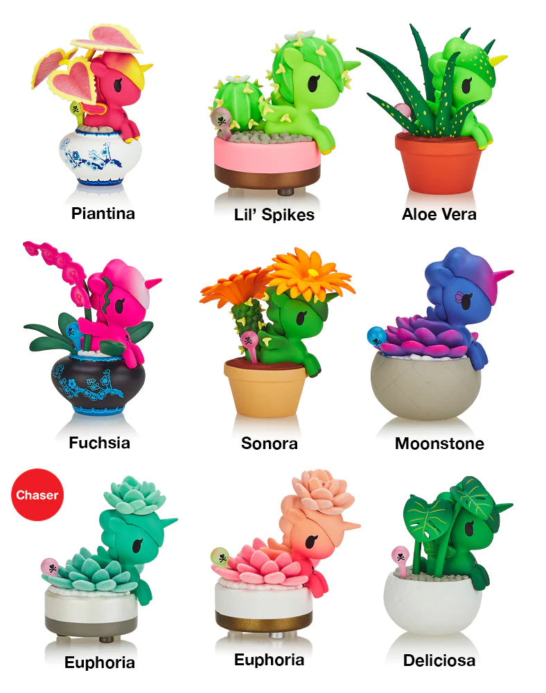 A blind box from Strangecat Toys: Botanical Unicorno series featuring plant-themed characters like Aloe Vera and Fuchsia. Each figure is 2.75 inches high with unique details.