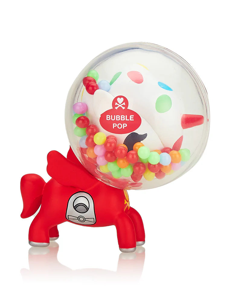 A blind box from Strangecat Toys: Candy Unicorno series. Features Bubble Pop, Peppermint, Fishie, and more. Each figure stands at 2.75 inches high.