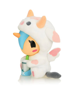 Cozy Unicorno Blind Box: A plush toy animal in a unicorn outfit, part of a collectible series featuring various themed characters with accessories.