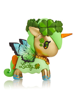 A toy animal with clovers and wings, part of the Botanical Unicorno Blind Box Series from Strangecat Toys. Features plant-themed Unicorno/house plant hybrids like Aloe Vera and Fuchsia. Stands at 2.75 inches high.