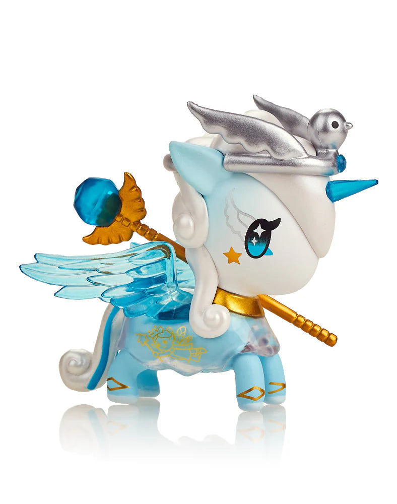 A blind box from Strangecat Toys: Fairy Unicorno series. Includes 1 character, 2.75 tall, with features like metallics and transparent details. Join the enchanted adventure with tokidoki!