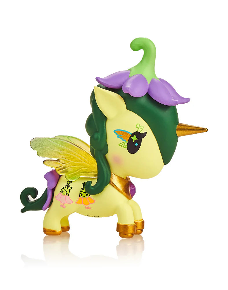 A blind box from Strangecat Toys: Fairy Unicorno series. Features a toy animal with wings, flowers, and stars. Stands at 2.75 inches high. Join the enchanted adventure with tokidoki's Fairy Unicorno!