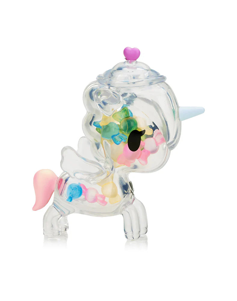 Sugar Shop Unicorno Blind Box, a collectible transparent unicorn toy containing colorful candy-shaped beads, perfect for art toy enthusiasts.