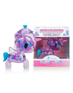 Sugar Shop Unicorno - Very Berry (Special Edition) collectible, featuring a unicorn toy with a pink horn and candy rings inside, in an open-box display.