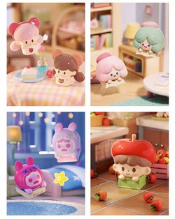 Collage of various Finding Unicorn Imagine Life Series Uli Uli Blind Box toys, including apple, pink, and blue-haired figures, showcasing detailed close-ups.