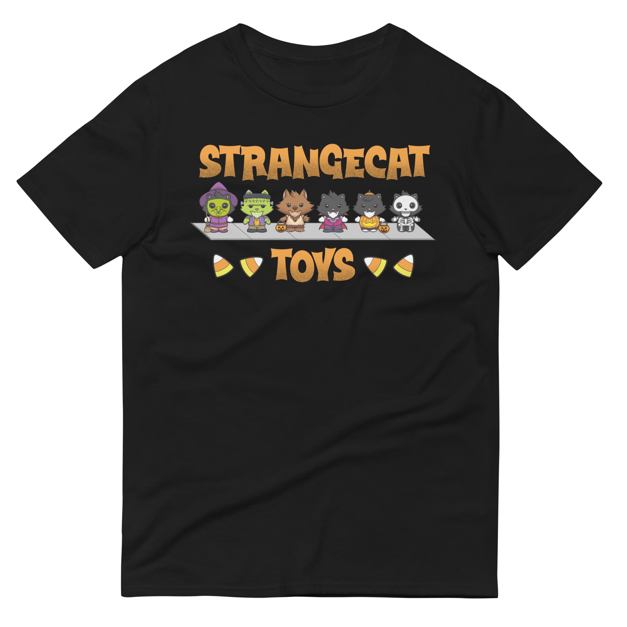 Trick Or Treat Strangecat T-Shirt featuring cartoon characters, cat, person, wolf, and more on a black shirt.