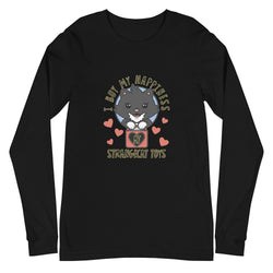 Happiness Long Sleeve Tee featuring a cartoon cat holding a bag, perfect for casual or formal wear, crafted from soft, high-quality cotton.