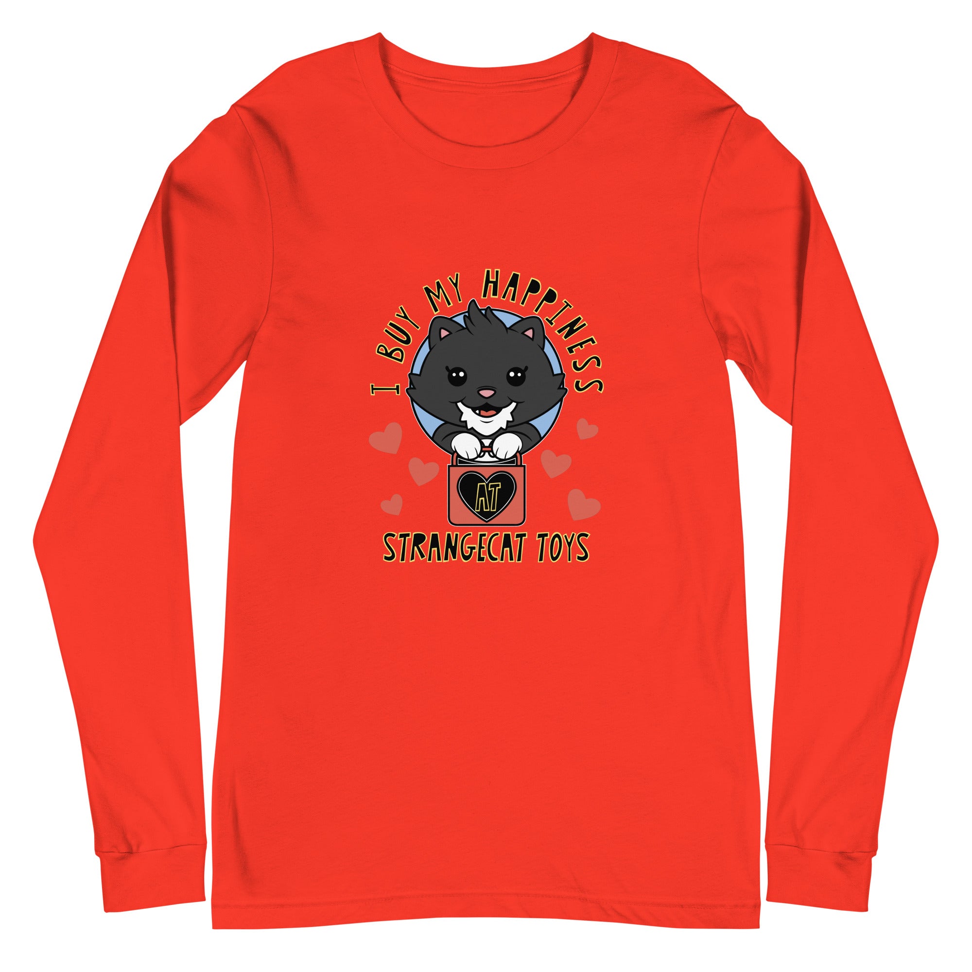 Happiness Long Sleeve Tee featuring a cartoon cat design, perfect for casual or professional styles. Made from airlume combed cotton for comfort.