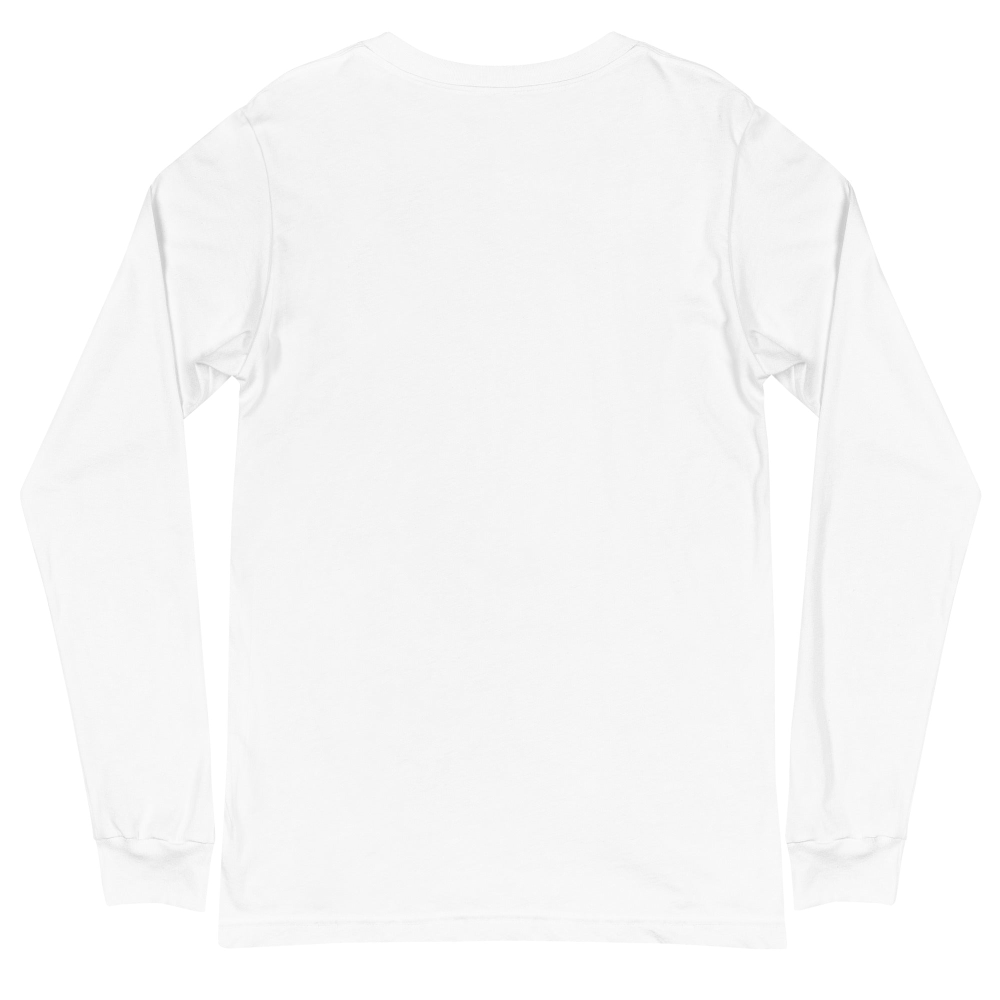 Happiness Long Sleeve Tee, a versatile white shirt with ribbed cuffs and crew neck, perfect for layering or a standalone casual look.