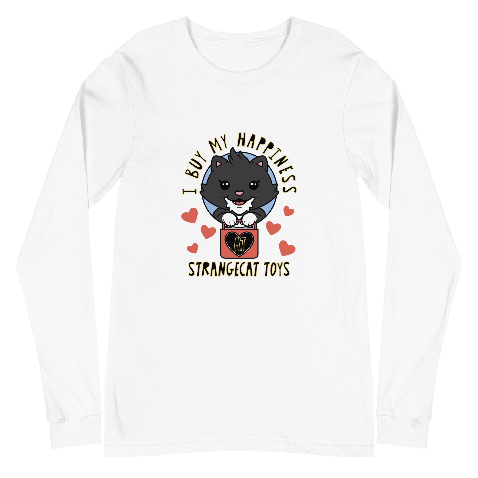 Happiness Long Sleeve Tee featuring a cartoon cat holding a red box, perfect for casual or professional layering. Made from airlume combed ring-spun cotton.