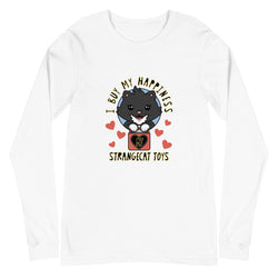 Happiness Long Sleeve Tee featuring a cartoon cat holding a red box, perfect for casual or professional layering. Made from airlume combed ring-spun cotton.