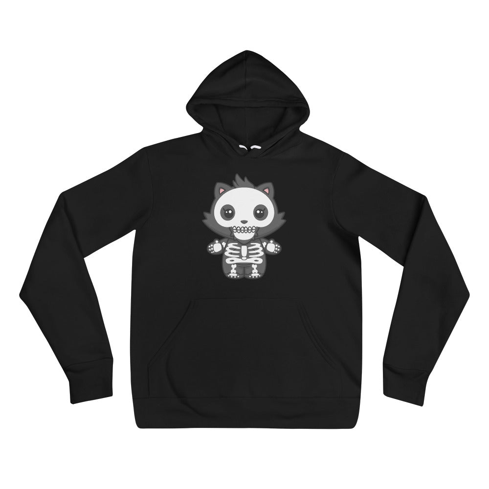 A black hoodie featuring a cartoon cat skeleton design, perfect for all your cozy needs.